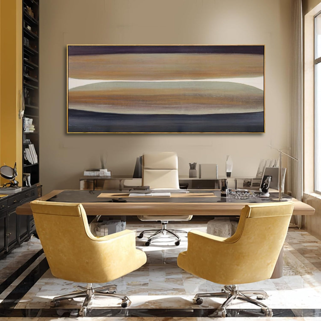 Beige Brown Hand-painted Canvas Wall Art, 32x70 Inch Framed Horizontal Abstract Artwork with Neutral Tones for Living Room Decor