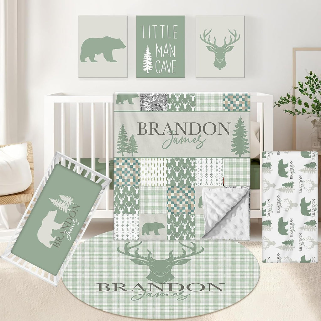 KAINSY Custom Crib Bedding Set 5 Pcs for Girls Boys – Personalized Green Woodland Bear Theme, Newborn Sleep Set, Toddler Nursery Decor, Infant Sleep, Baby Room Accessories
