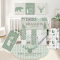 KAINSY Custom Crib Bedding Set 5 Pcs for Girls Boys – Personalized Green Woodland Bear Theme, Newborn Sleep Set, Toddler Nursery Decor, Infant Sleep, Baby Room Accessories