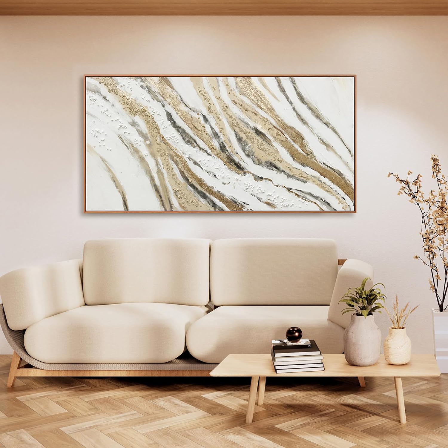 Abstract Canvas Wall Art Large Size Modern Art Paintings Abstract Painting With Golden And White Lines Minimalist Artwork Decor For Living Room Bedroom Corridor Framed 29' X 58'