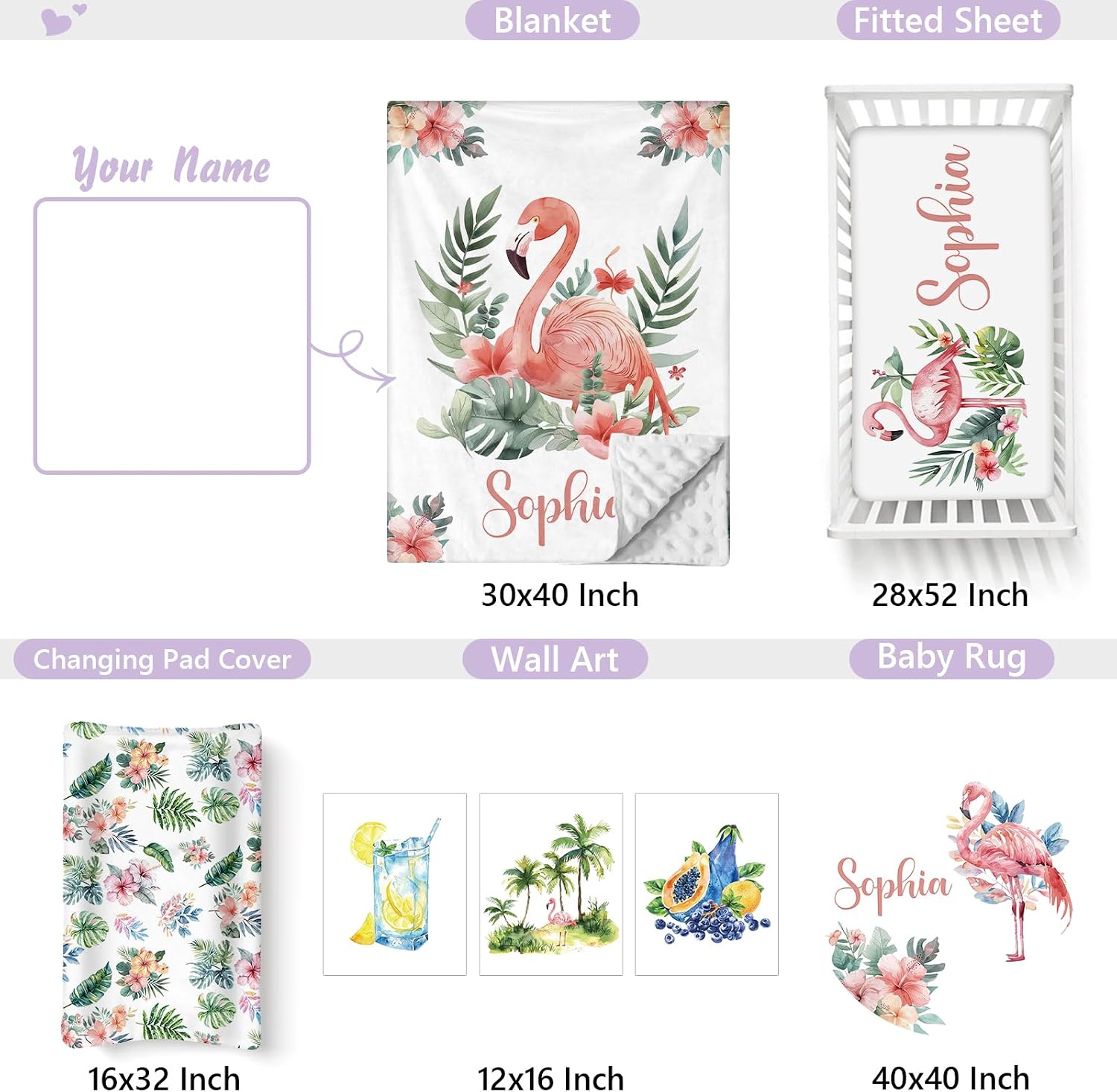 Personalized Baby Crib Bedding Set, 5 Pcs Custom Name Nursery Bedding Set for Girls Boys, Flamingo Baby Crib Set for Toddlers Infants, Double Layer Bedding Crib Sets Customized Gifts