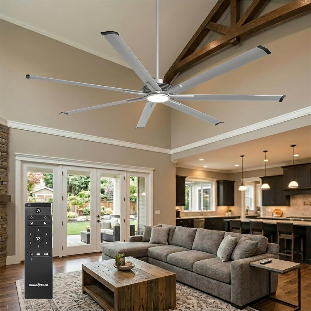 100 Inch Ceiling Fans with Lights and Remote, Industrial Ceiling Fan for Living Room Shop Garage DC Motor Large Outdoor Ceiling Fans for Patios, Dimmable, Timer, 7 Aluminum Blades, Reversible Airflow