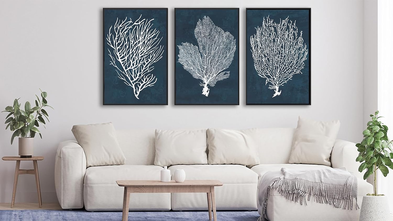 Large Framed Coral Wall Art - Navy Blue Coastal Wall Decor Painting 32'x48' Set of 3 Minimalist Beach Wall Art Prints Rustic Ocean Coral Canvas Pictures for Living Room Bedroom Office Artwork