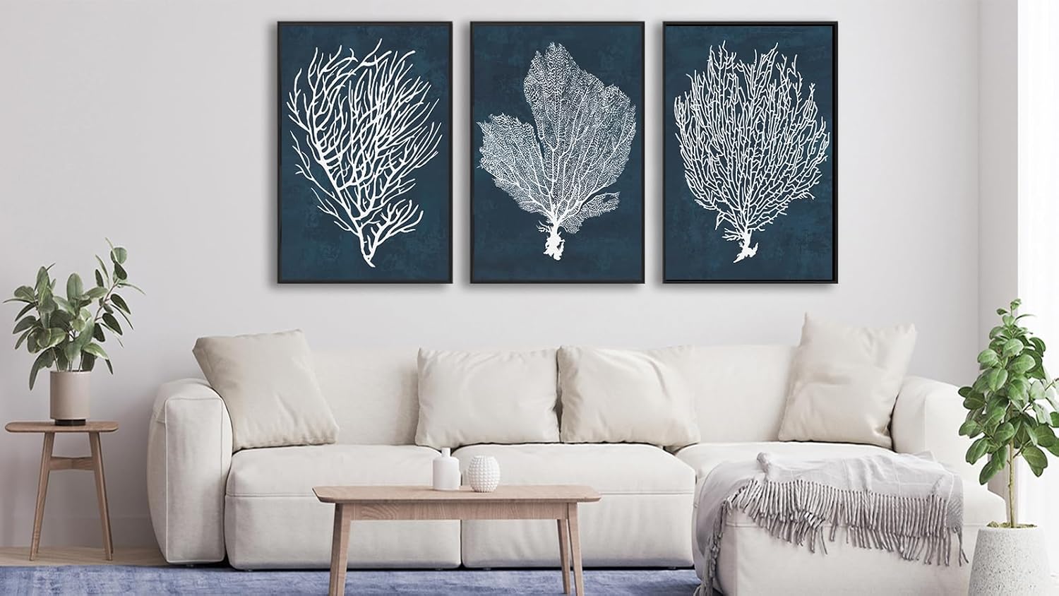 Large Framed Coral Wall Art - Navy Blue Coastal Wall Decor Painting 20'x28' Set of 3 Minimalist Beach Wall Art Prints Rustic Ocean Coral Canvas Pictures for Living Room Bedroom Office Artwork