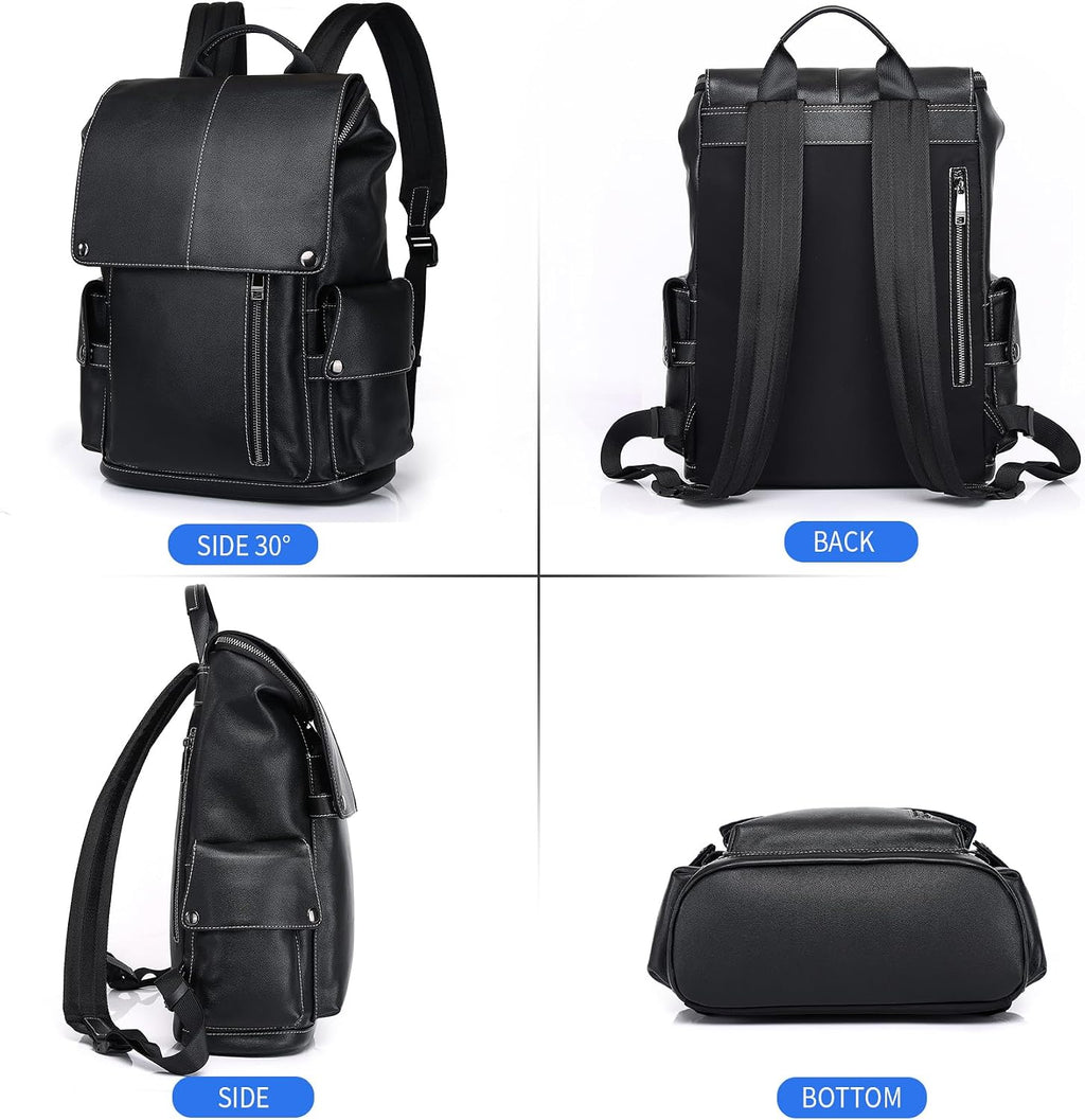 Nappa Genuine Leather Backpack for Men Multi-Functional 15' Laptop Backpack, Black Business Casual Travel Backpack Work Daypack