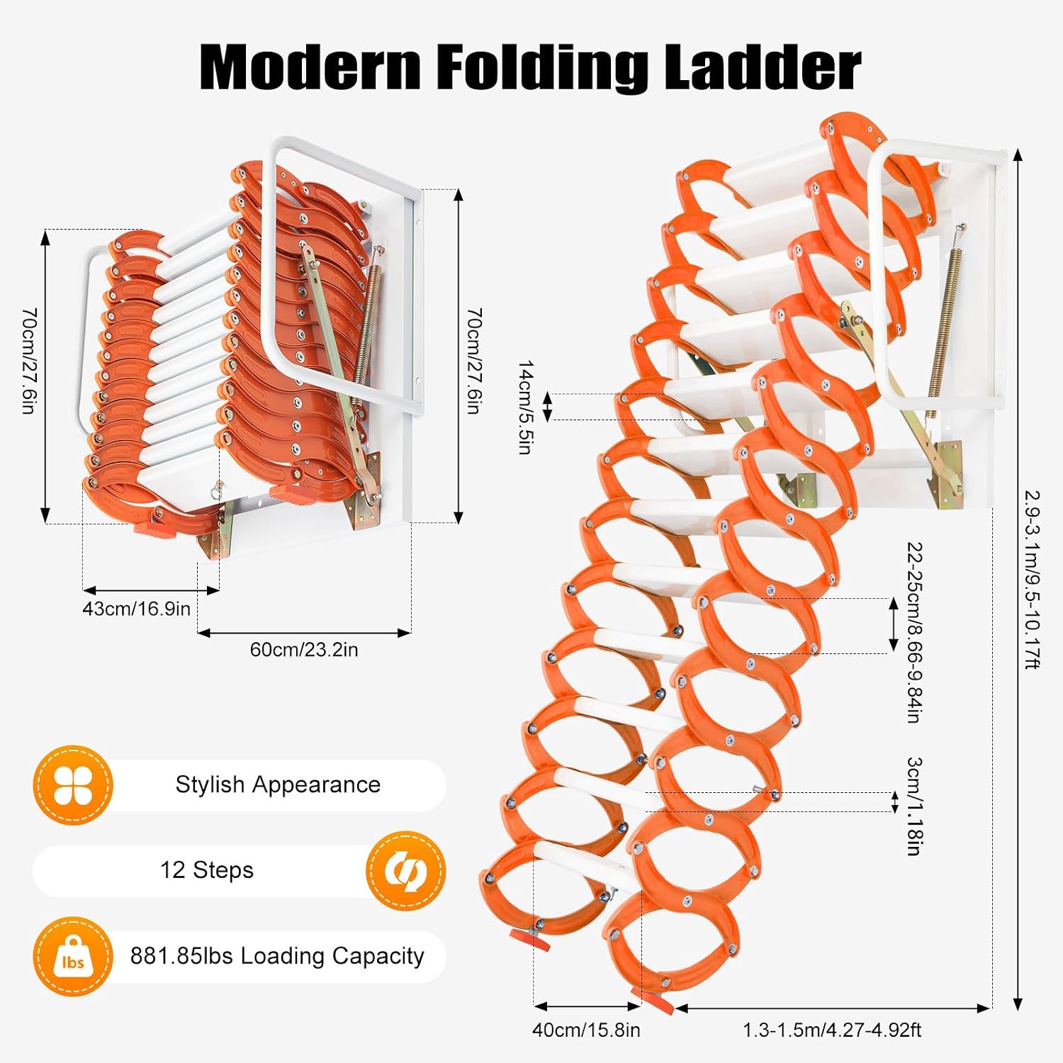 12 Steps Attic Ladder, Wall Mounted Pull Down Loft Steps Folding Stairs, 9.5-10.1Ft Height Aluminum Alloy Narrow Attic Extension Ladder w/Armrests for Basements Warehouses (12,Orang)