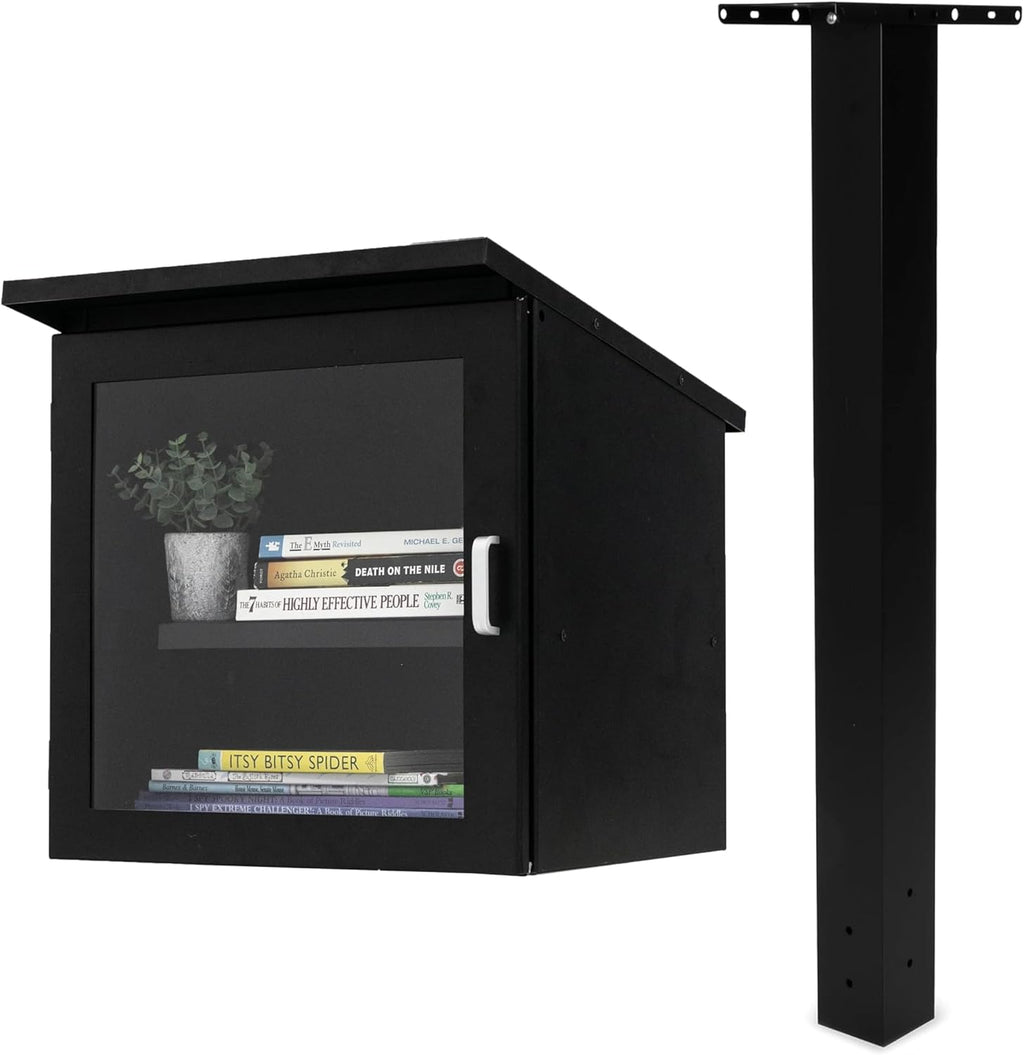 Ilyapa Outdoor Library Book Box with 4x4 Post Mount & Heavy-Duty Metal Mailbox Post - Black Steel Free Literature Exchange Kit for Outside - Community Book Sharing System