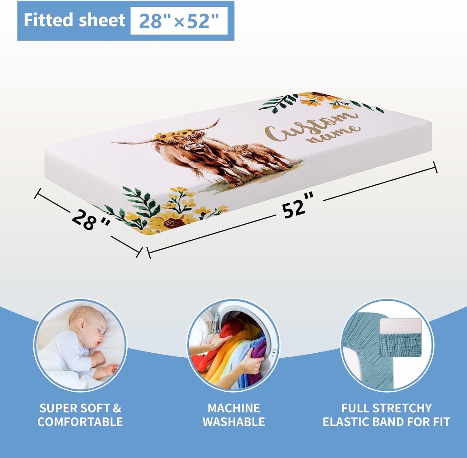 KAINSY Personalized Baby Crib Bedding Set, 5 Pcs Custom Name Bedding Set, Double Layer Nursery Bedding Set for Boy Girl, Highland Cow Baby Crib Set, Gift for Toddlers Infants New Parents