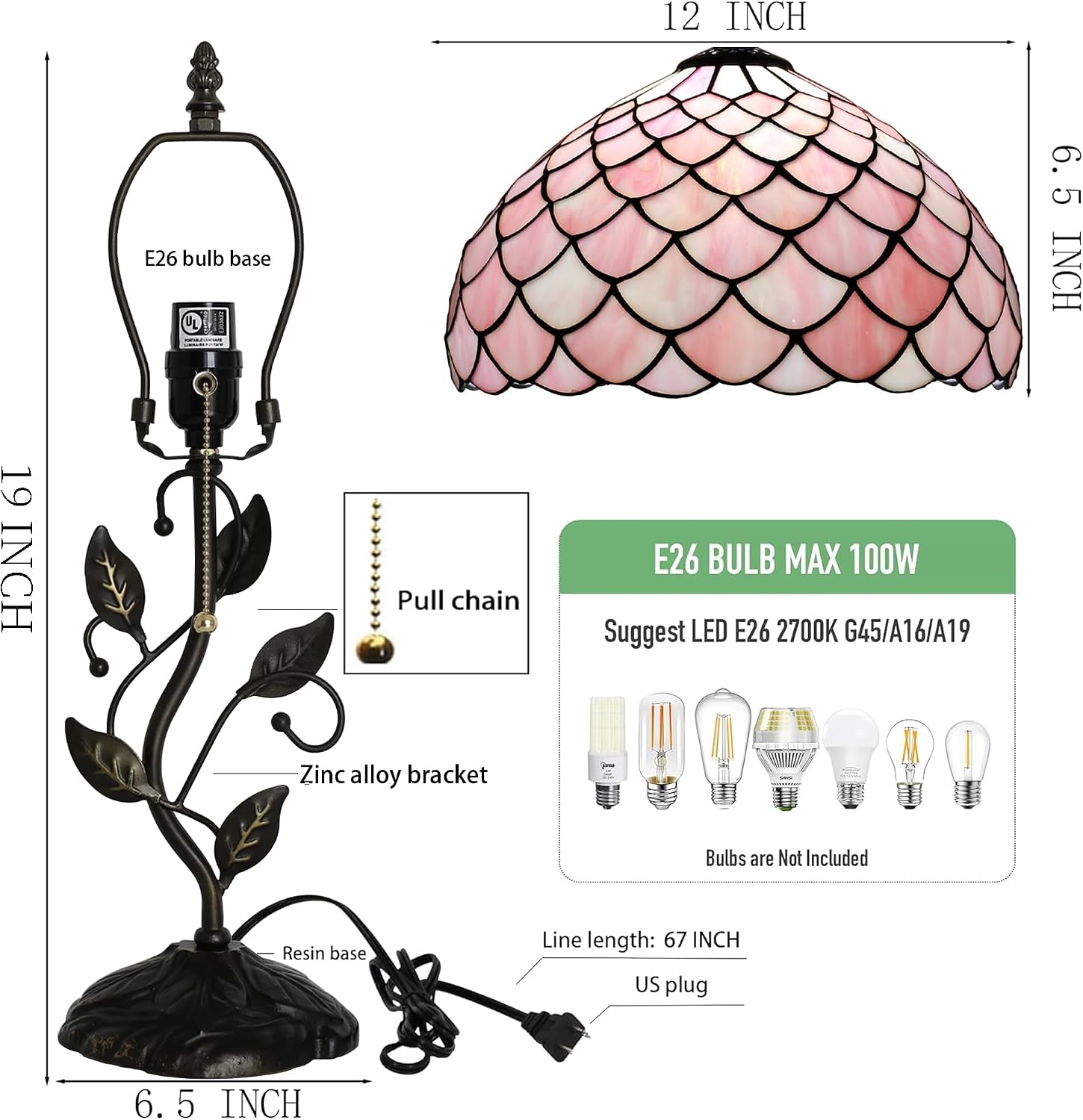 Tiffany Lamp Stained Glass Style Table Lamp Pink Fishscale Style Bedside Desk Reading Light W12H19 Inch Metal Leaf Base with Metal Leaf Base