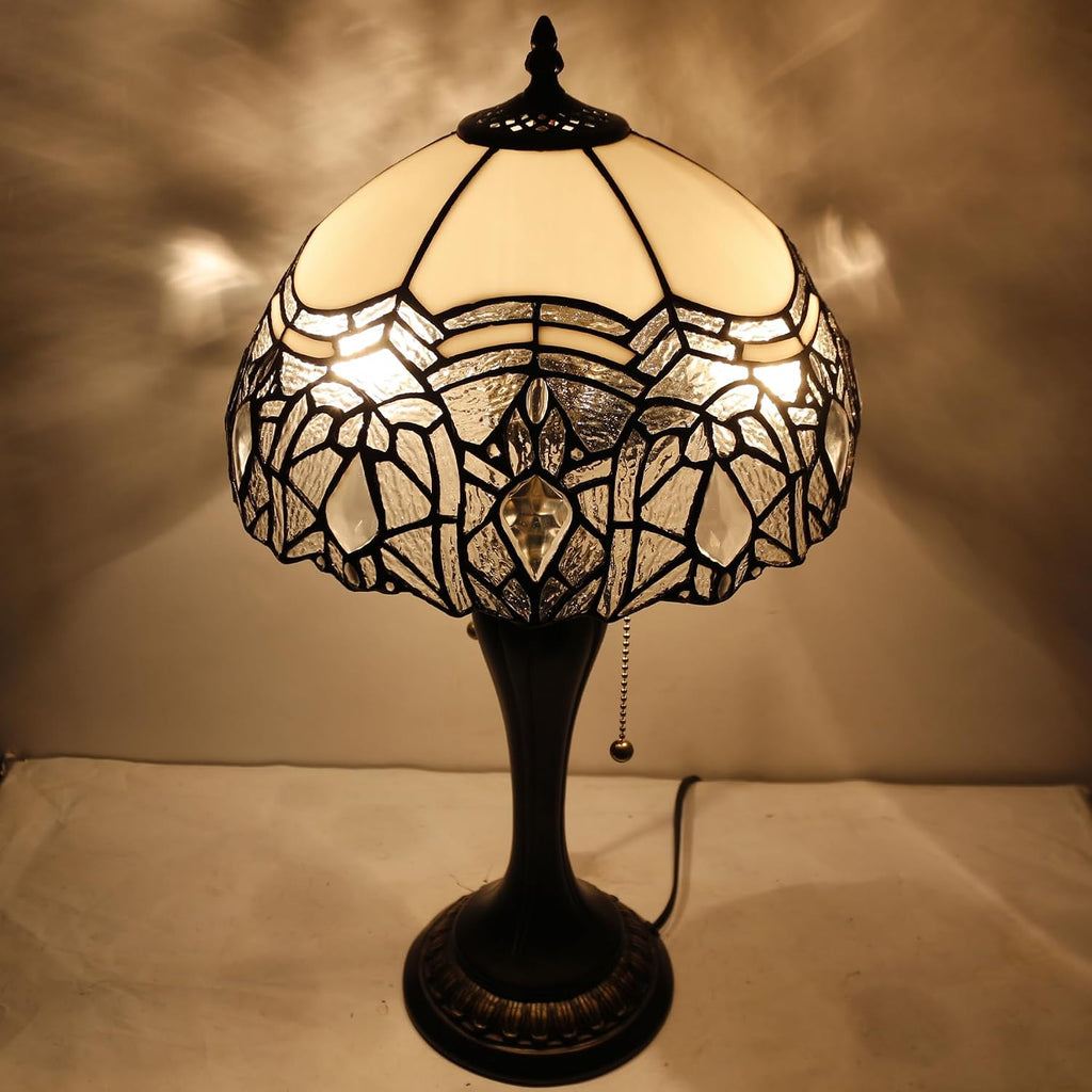 WERFACTORY Tiffany Lamp White Bent Stained Glass Crystal Table Lamp Bedside Desk Reading Light 12X12X22 Inches Decor Bedroom Living Room Home Office S508W Series