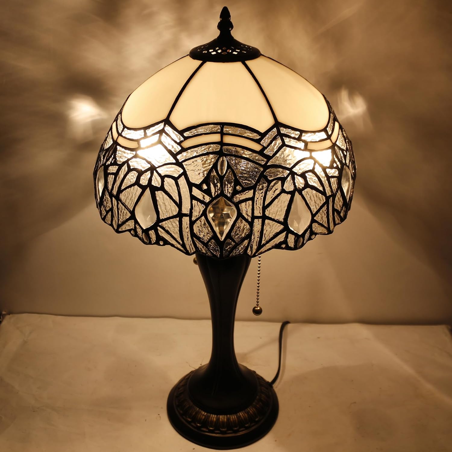 WERFACTORY Tiffany Lamp White Bent Stained Glass Crystal Table Lamp Bedside Desk Reading Light 12X12X22 Inches Decor Bedroom Living Room Home Office S508W Series