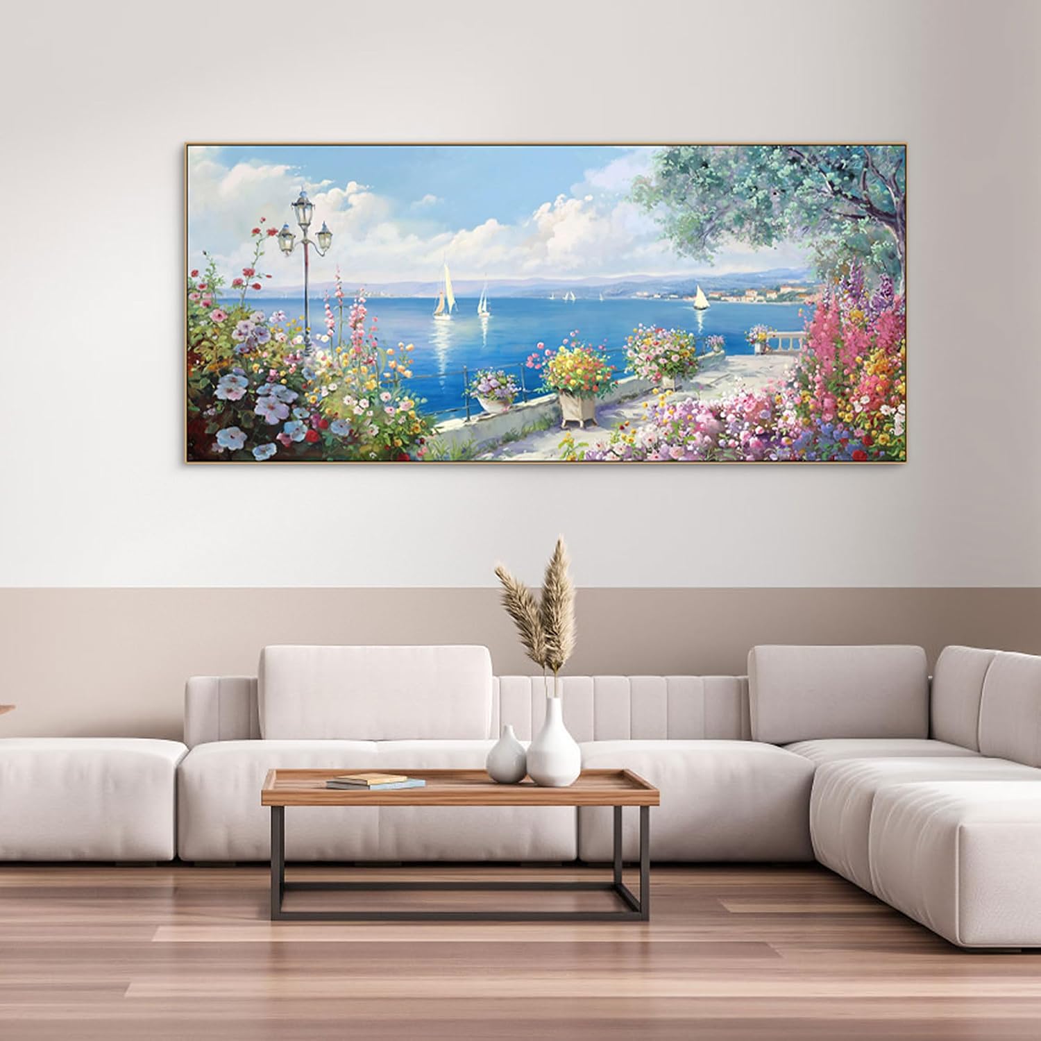 XLSJERST Coastal Wall Art for Living Room - Extra Large 86x39 Inches Ocean Seascape Canvas Beach Painting Landscape Sailboat Picture Modern Artwork Framed for Bedroom Office Home Decor