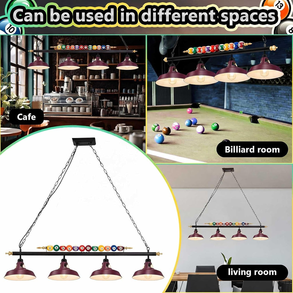 Rossesay Adjustable Pool Table Lights for 7'-8' Billiard Light Hanging Pool Table Fixture Lighting Pendant Lamp with Metal Shades for Game Rooms (Bulb Not Included) (Burgundy Red,4 Lights)