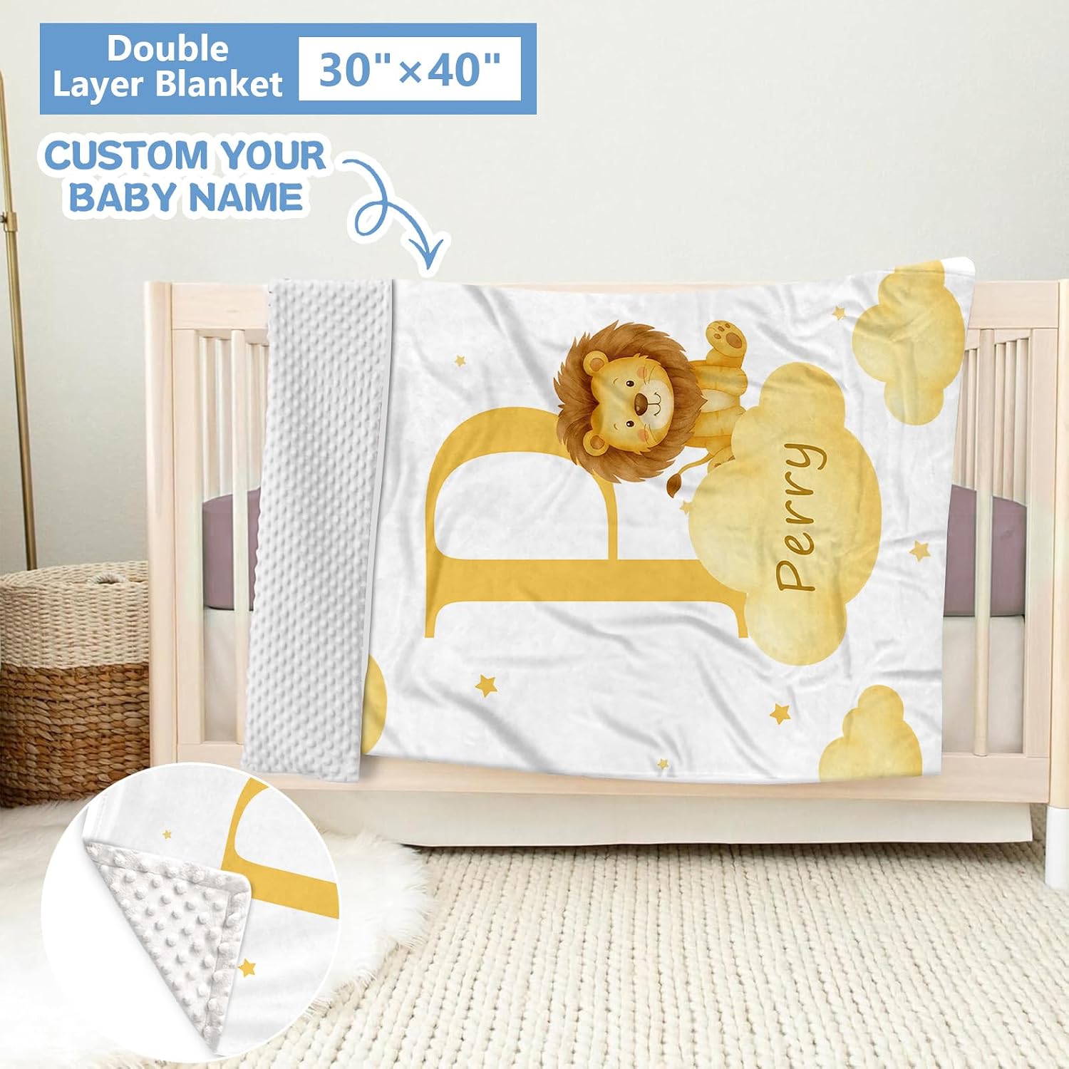 KAINSY Custom Crib Bedding Set, 5 Pcs Personalized Name Monogram Baby Crib Sets for Infants Toddlers, Yellow Lion Nursery Bedding Set for Boys Girls, Double Layer Baby Bedding Sets Customized Gifts