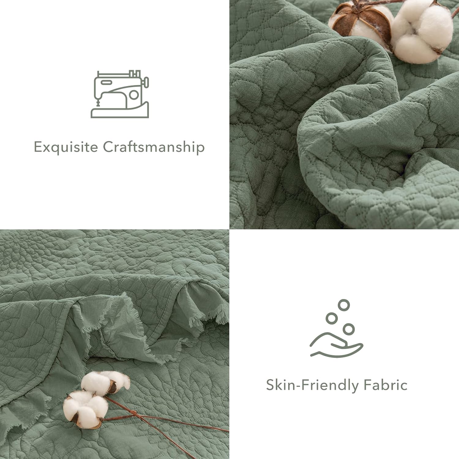 QSH 3PCs Green Oversized King Quilt Bedspread Set(120'x120'),Stonewashed Cotton Ruffled Quilt California King,Ultra Soft Lightweight Crinkled Shabby Bedspread Coverlet Bed Set for All Seasons