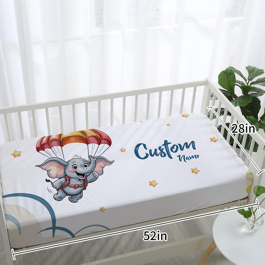 Personalized Crib Bedding Set for Boys, Custom Name Baby Crib Sets 5-Pcs Include Toddler Double Layer Blanket Fitted Sheet Changing Pad Cover Rug Wall Art Set, Elephant Skydiving Pattern Nursery Décor