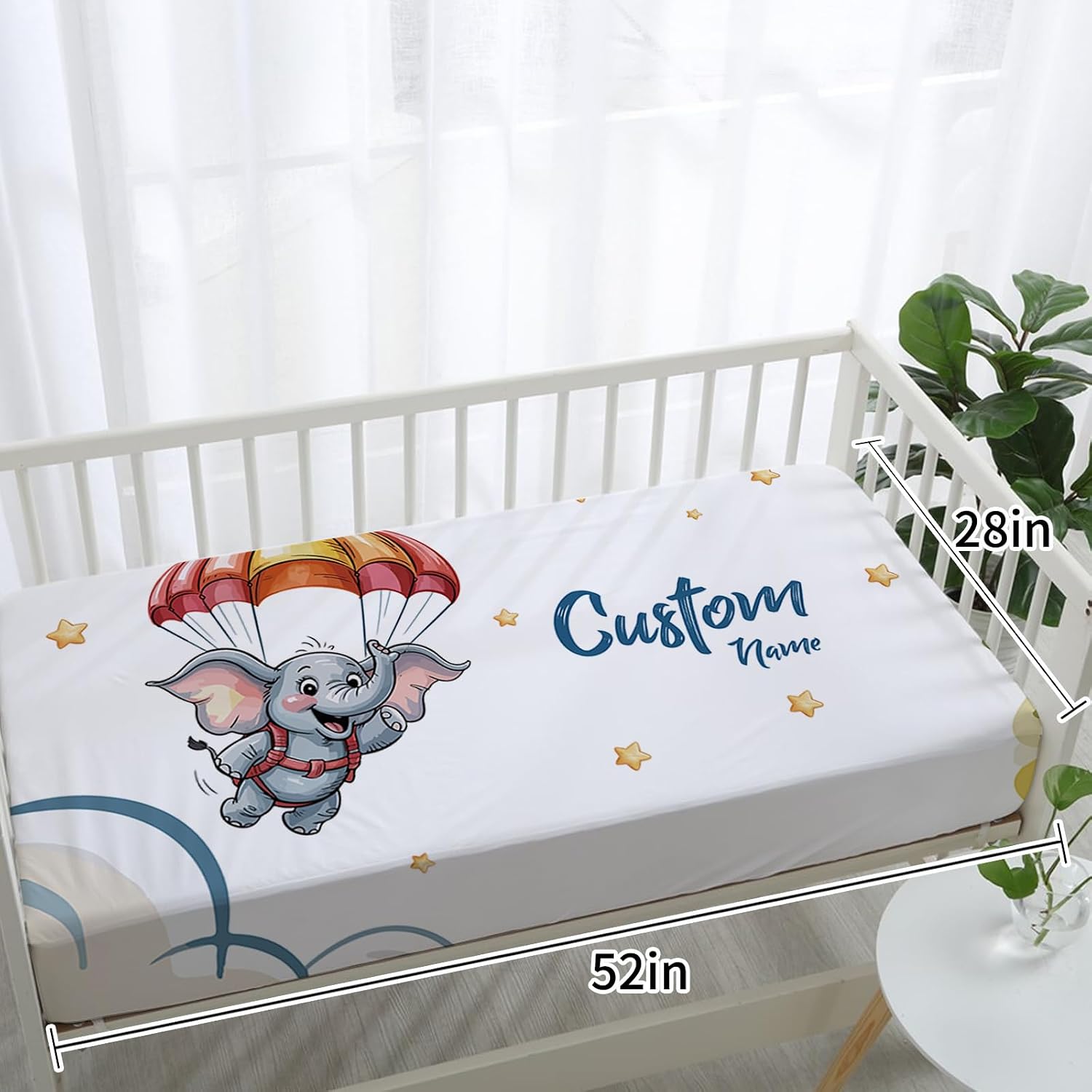 Personalized Crib Bedding Set for Boys, Custom Name Baby Crib Sets 5-Pcs Include Toddler Double Layer Blanket Fitted Sheet Changing Pad Cover Rug Wall Art Set, Elephant Skydiving Pattern Nursery Décor