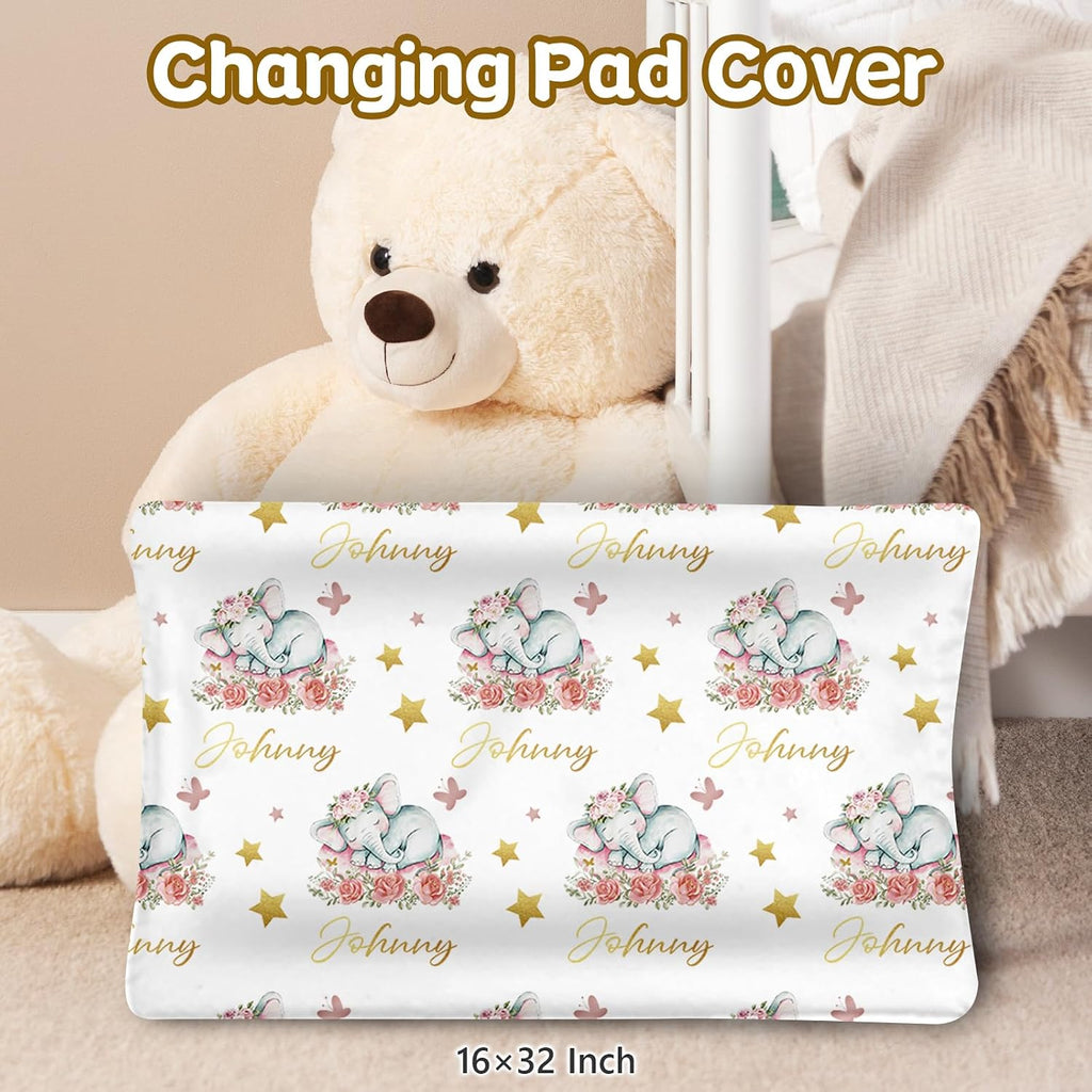 Terwex Personalized Baby Bedding Set, 5 Pcs Custom Name Bedding for Girls & Boys - Soft Toddler Crib Sets for Infant Customized Gifts, Pink Elephant