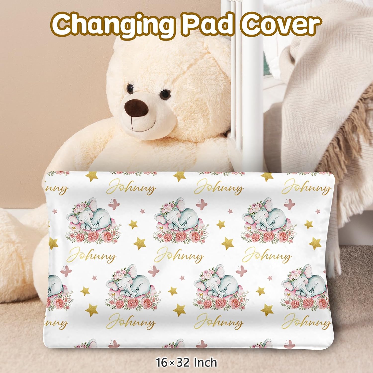 Terwex Personalized Baby Bedding Set, 5 Pcs Custom Name Bedding for Girls & Boys - Soft Toddler Crib Sets for Infant Customized Gifts, Pink Elephant