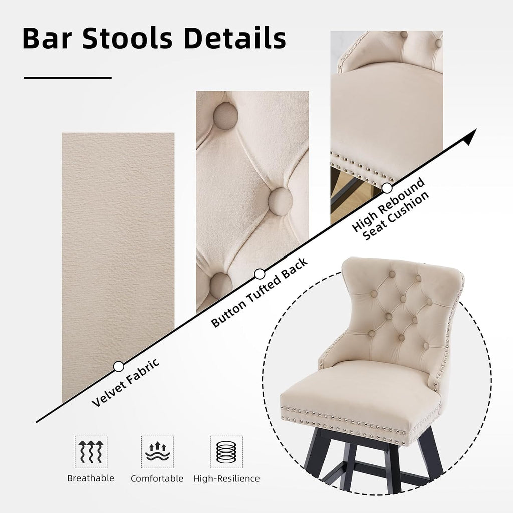 Velvet Bar Stools Set of 2, Modern Swivel Counter Height Stools, Upholstered Kitchen Island Chairs with Button Tufted Back, Rivet Trim, Solid Wood Legs, 26' H Seat, Beige