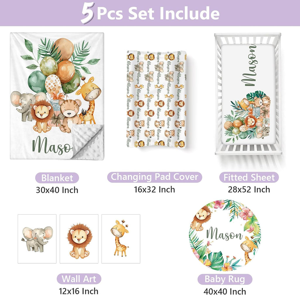 Custom Baby Crib Bedding Set, 5 PCS Personalized Name Baby Crib Sets for Girls Boys, Forest Animals Theme Nursery Bedding Sets for Infant Toddler, Double Layer Flannel Bed Set Customized Gifts