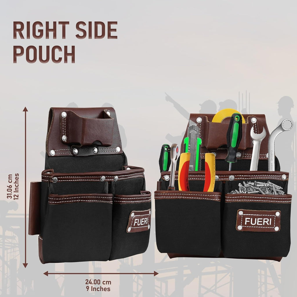 FUERI Nylon Tool Belt Bags Pouches Heavy Duty for Men Construction Carpenter Electrician Framer Work Black & Brown