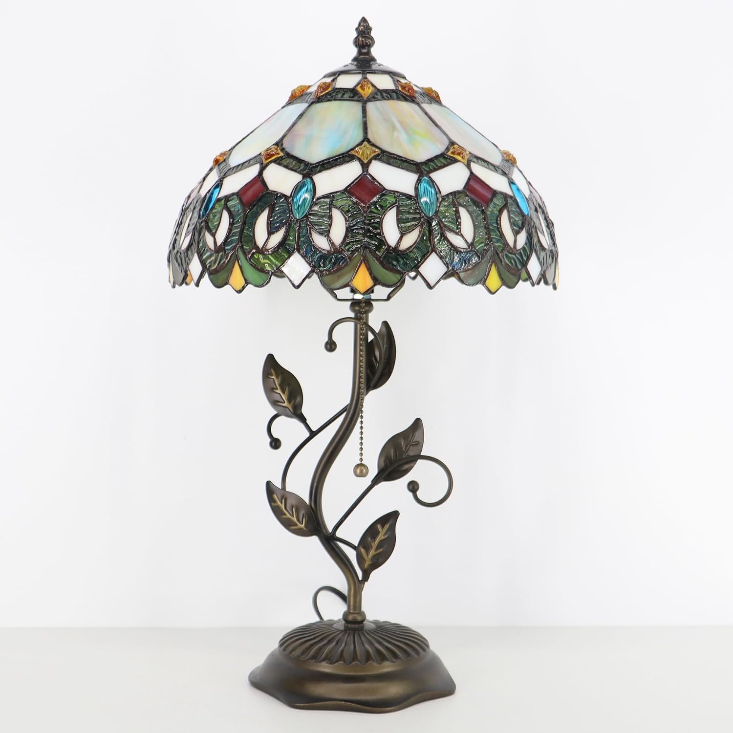 Tiffany Table Lamp, Stained Glass Style Desk Lamp, 12X12X19 Inch,Bedside Reading Light, Metal Leaf Base (Seven Color Baroque)