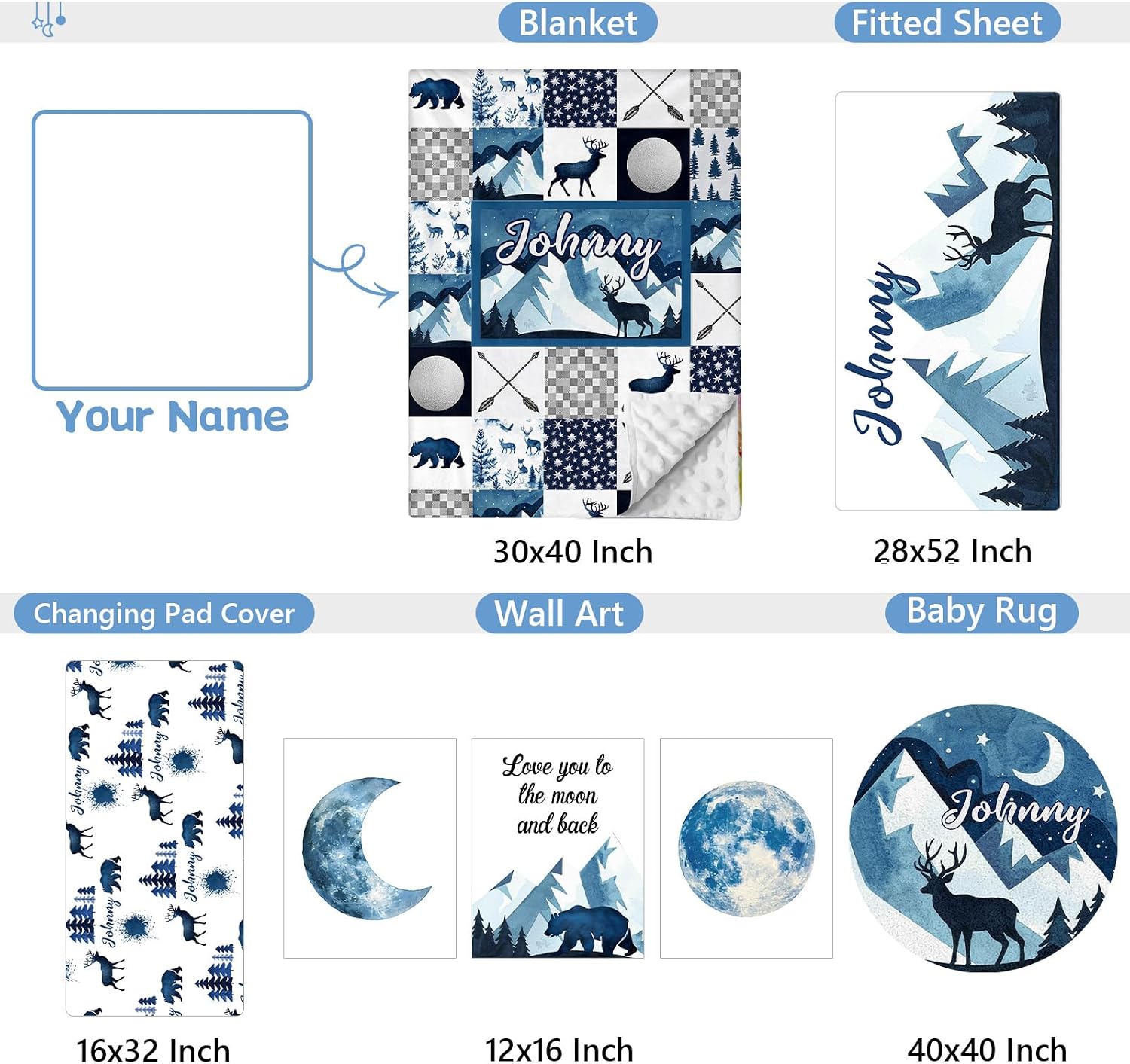 KAINSY Custom 5-Piece Baby Crib Bedding Set, Personalized Name for Toddlers, Blue Deer Nursery Set for Boy Girl, Double Layer Infant Crib Set, Customized Gifts