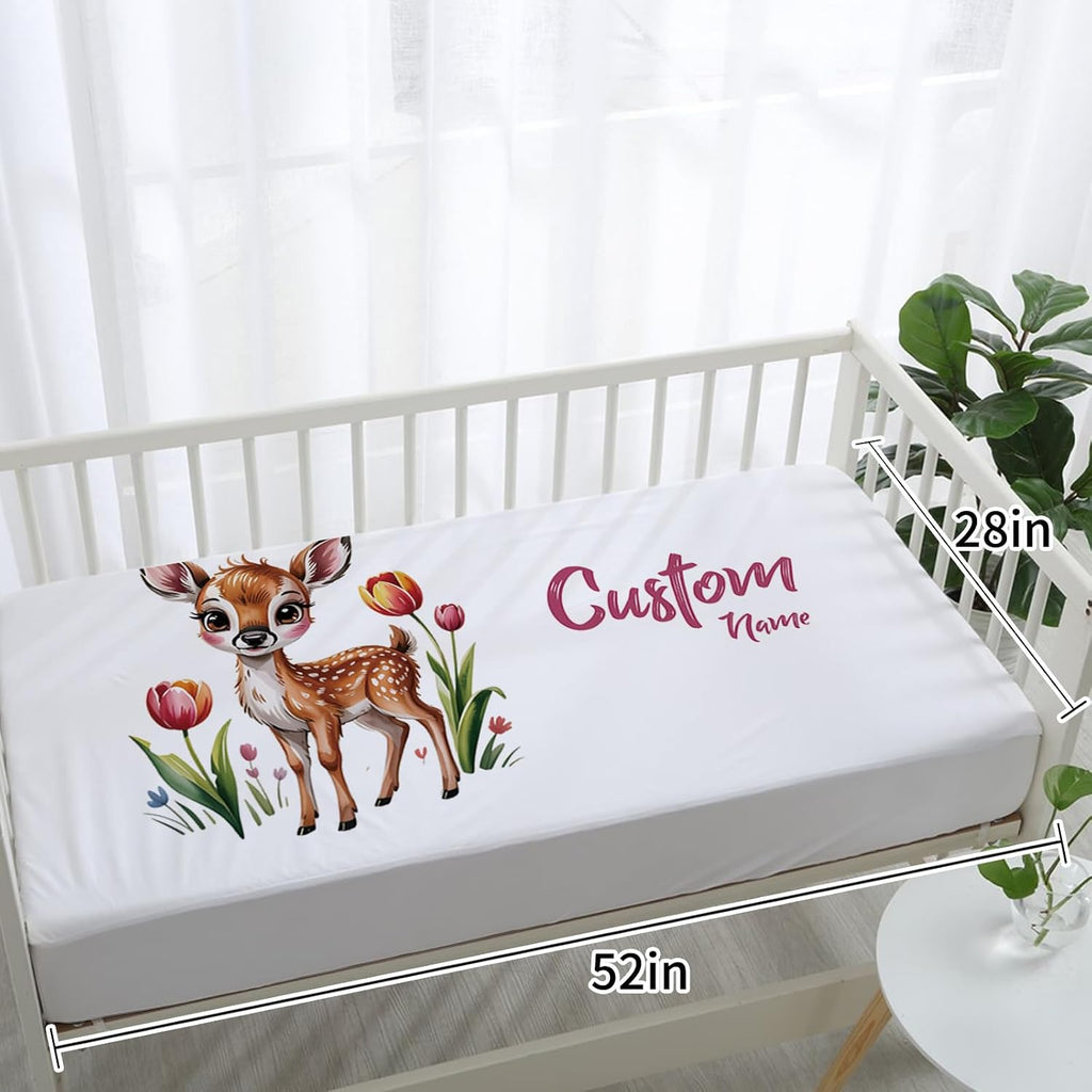 Personalized Crib Bedding Set for Baby Girls, Custom Name Baby Crib Sets 5-Pcs - Toddler Double Layer Blanket Fitted Sheet Changing Pad Cover Rug Wall Art Set, Sika Deer Theme Nursery Décor