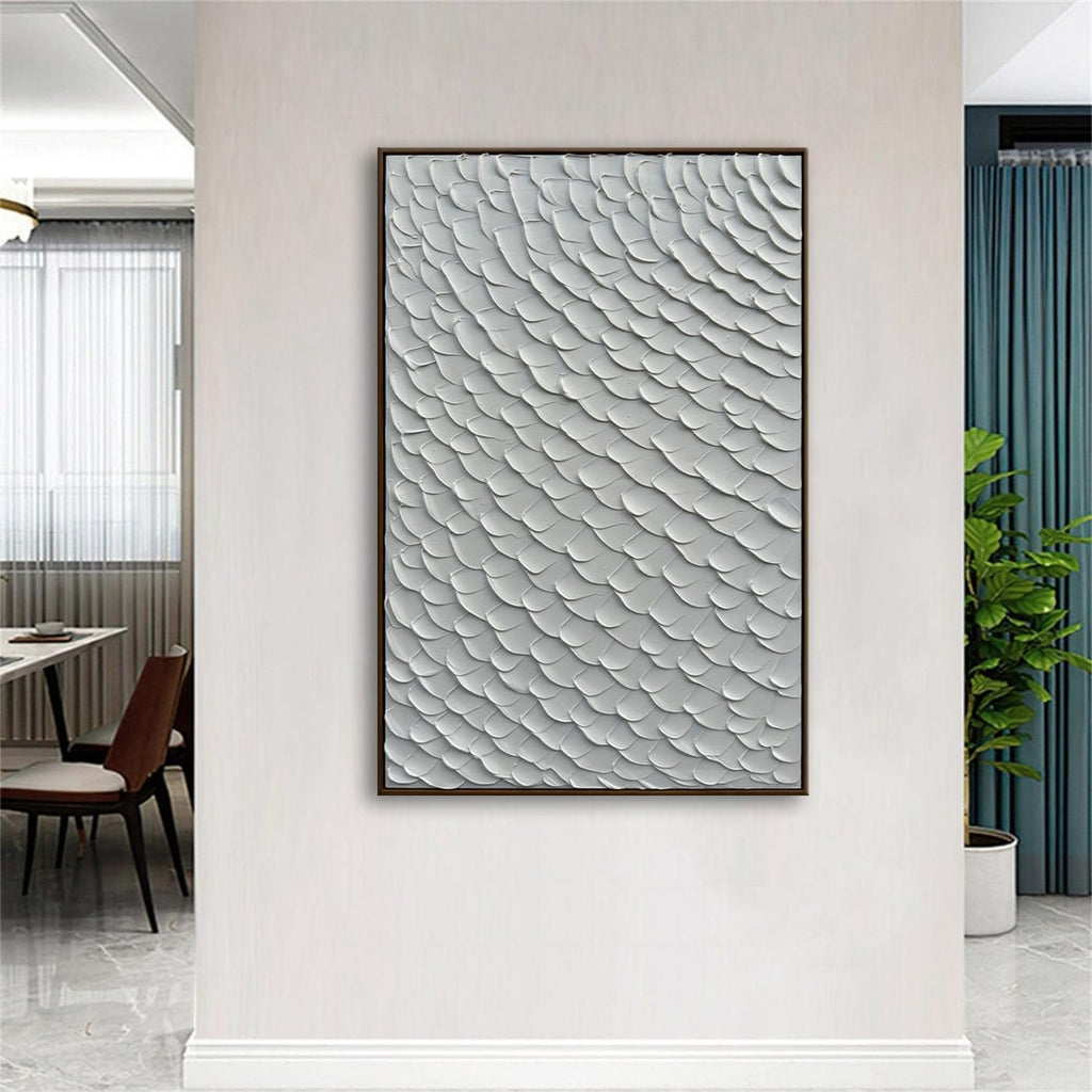 Slyart White Textured Wall Art, Handmade Mermaid Painting Framed Artwork, 3D Vertical Canvas Abstract White Wall Art 24'*36'