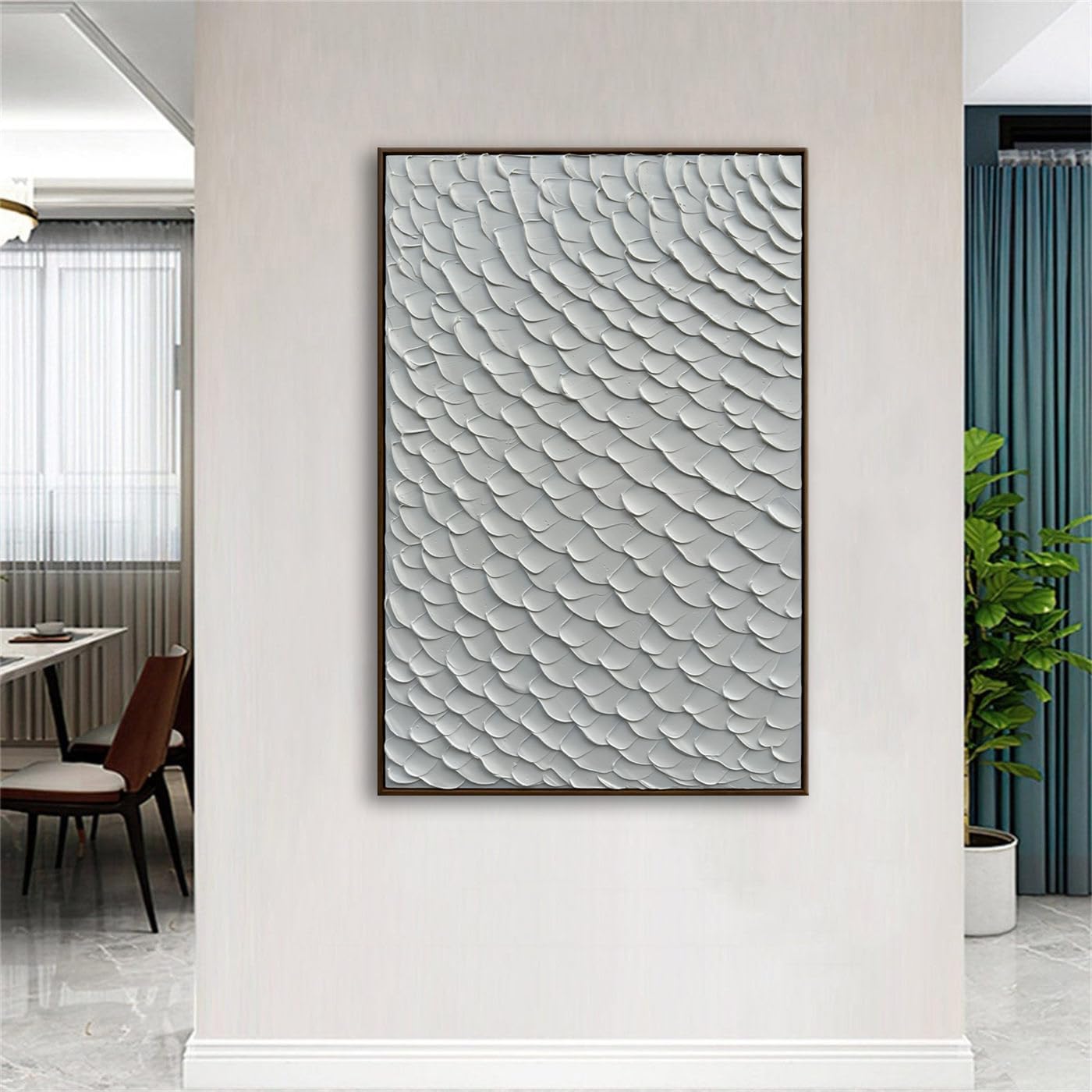 Slyart White Textured Wall Art, Handmade Mermaid Painting Framed Artwork, 3D Vertical Canvas Abstract White Wall Art 24'*36'