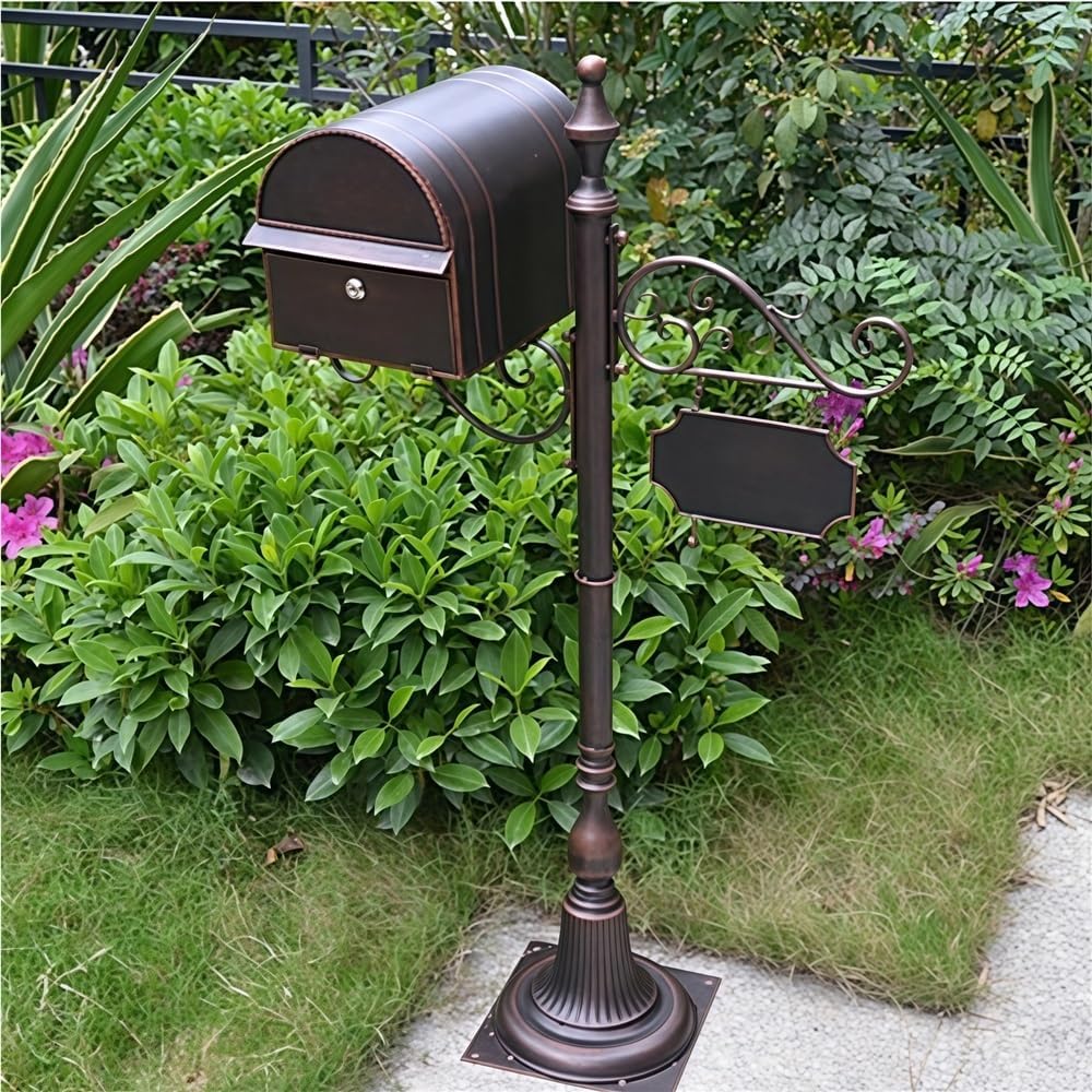 Locking Floor Standing Mailbox, Metal Letter Box with Rain Shield Send Slot, Decorative Post Mail Box for Home, Garden(Brown)