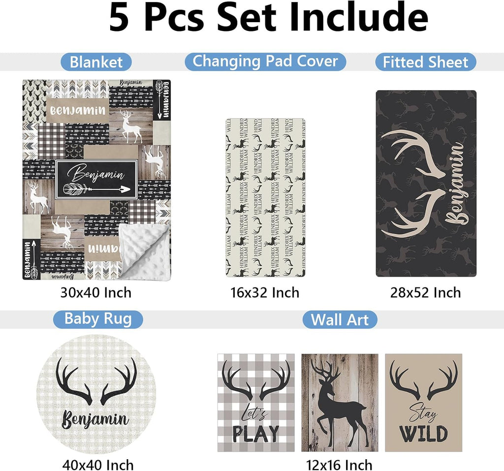 KAINSY Personalized Woodland Deer Crib Set - 5 Pcs Nursery Bedding Set With Double Layer, Soft Bedding Sets For Boys, Girls, Toddlers, Infants