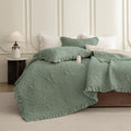 QSH 3PCs Green Oversized King Quilt Bedspread Set(120'x120'),Stonewashed Cotton Ruffled Quilt California King,Ultra Soft Lightweight Crinkled Shabby Bedspread Coverlet Bed Set for All Seasons