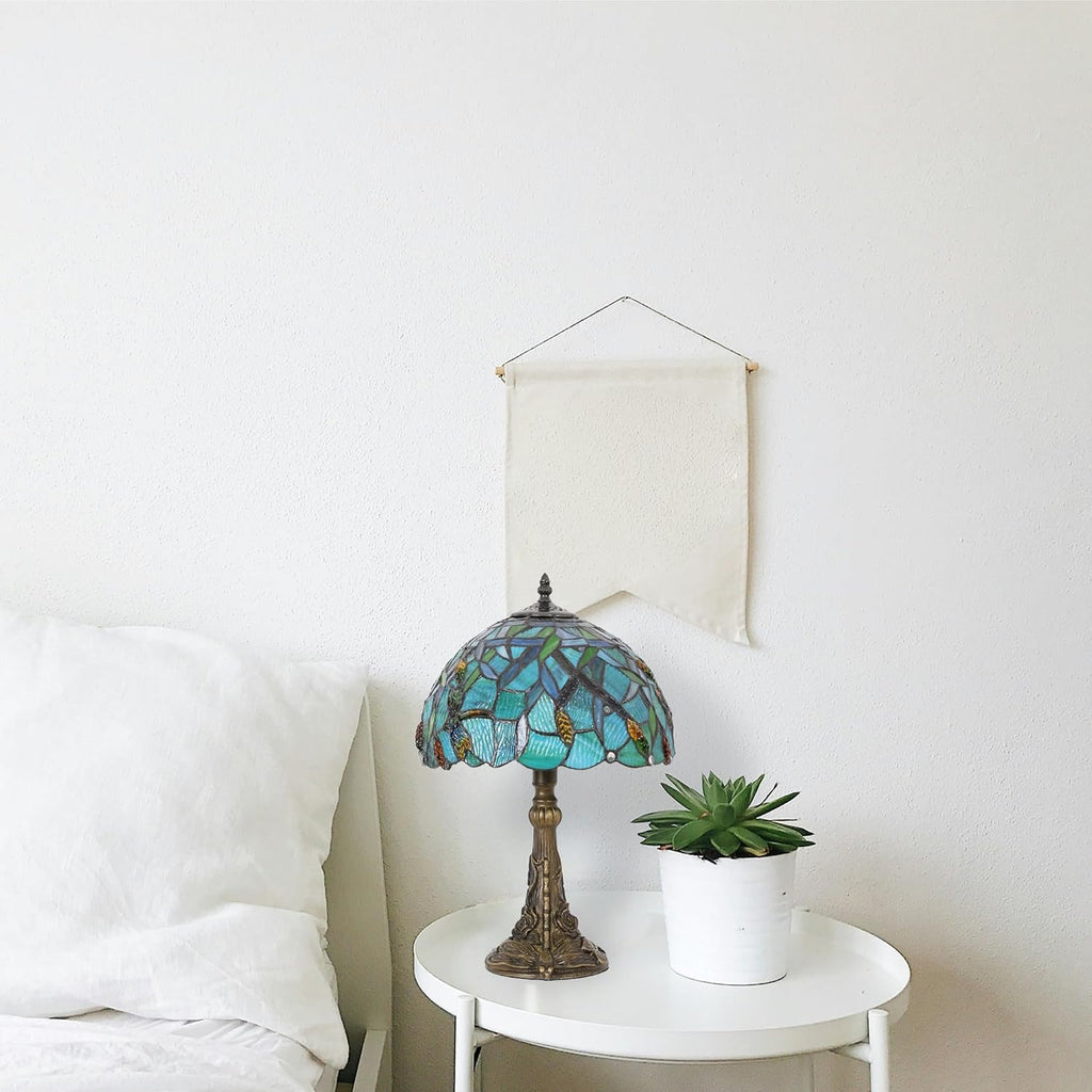 Skyblaze Tiffany Style Table Lamp, Stained Glass Desk Lamp, Vintage Dragonfly Night Light, 11.8 Inch Reading Light with Handmade Lampshade for Bedroom Living Room (Green)