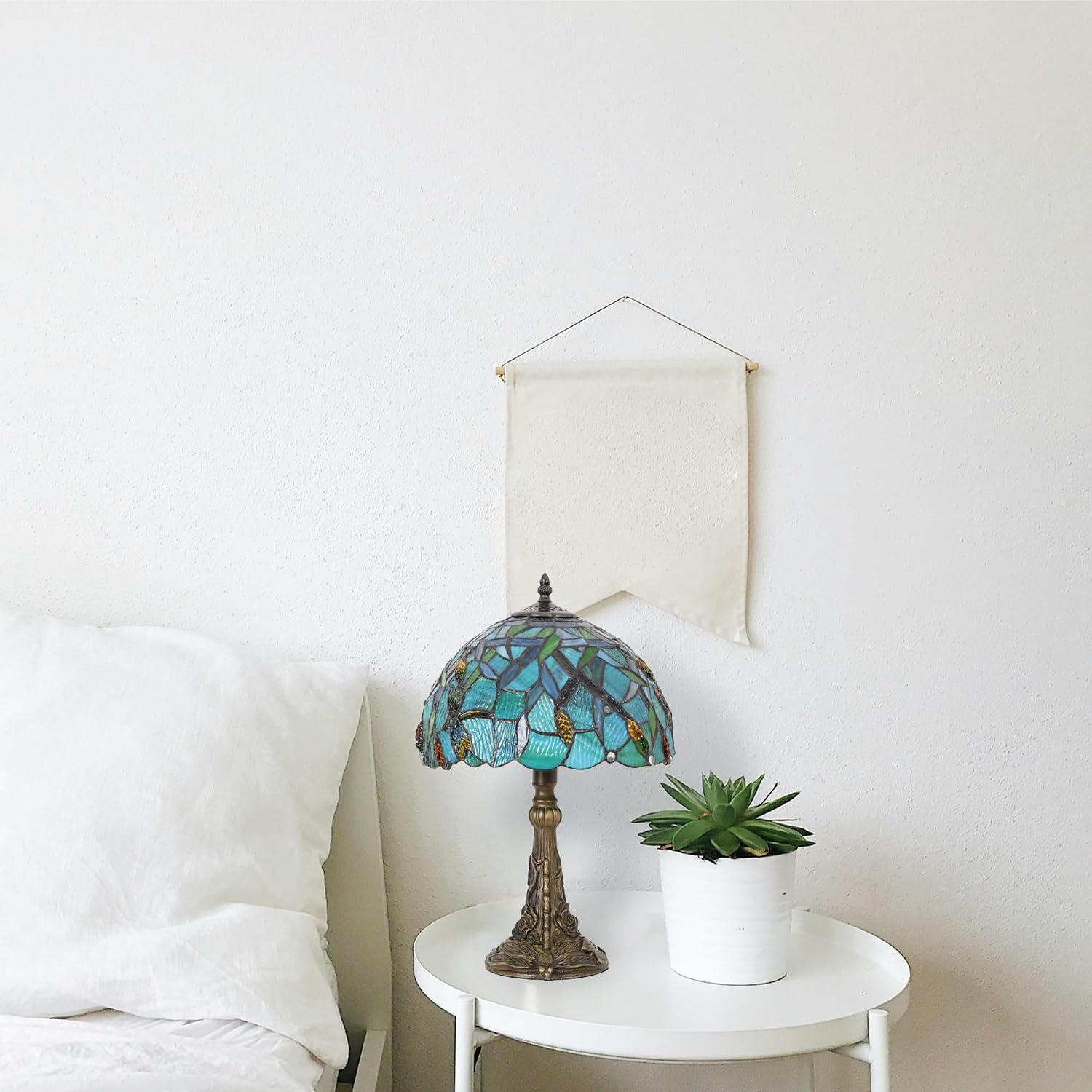Skyblaze Tiffany Style Table Lamp, Stained Glass Desk Lamp, Vintage Dragonfly Night Light, 11.8 Inch Reading Light with Handmade Lampshade for Bedroom Living Room (Green)