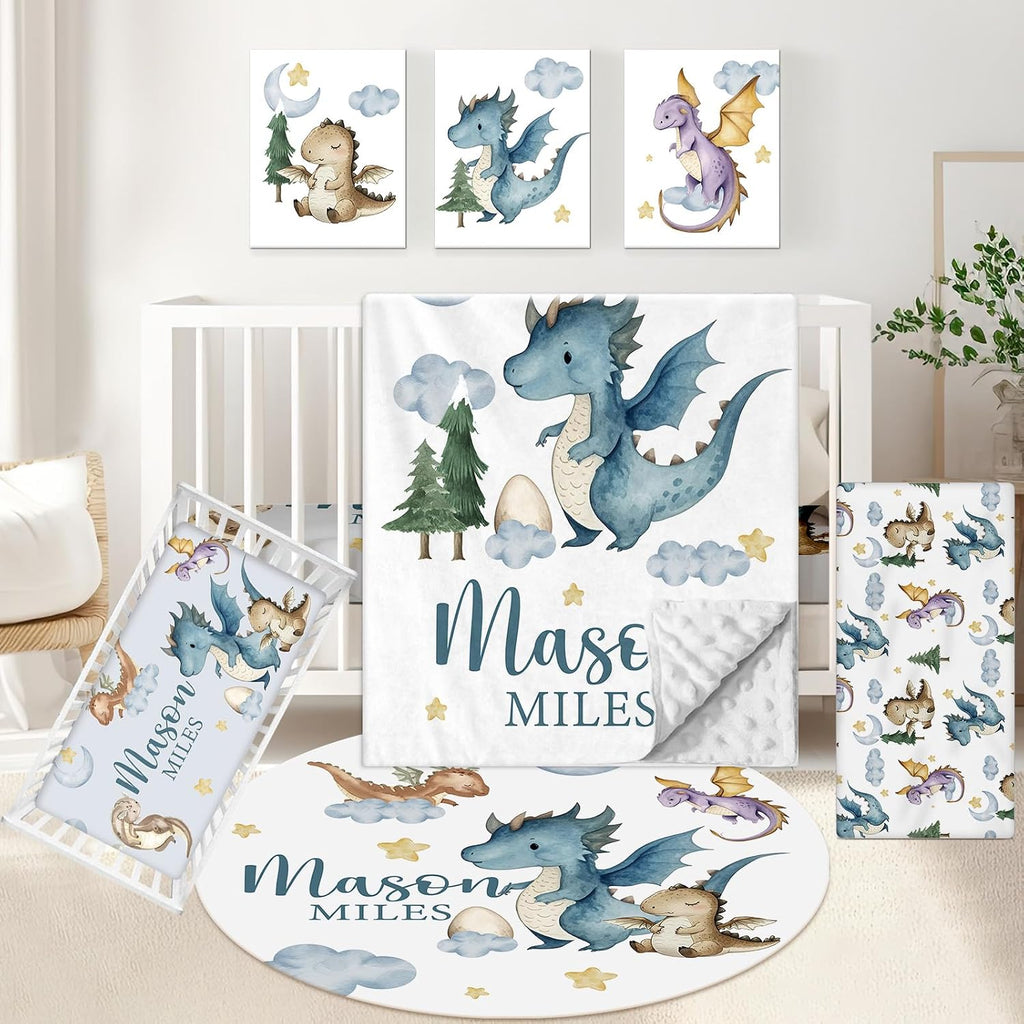 KAINSY Custom Crib Bedding Set 5 Piece for Baby Boys – Personalized Flying Dinosaur Theme, Newborn Sleep Set, Nursery Decor, Toddler Room Essentials, Infant Sleep, Baby Room Accessories, Baby Gift