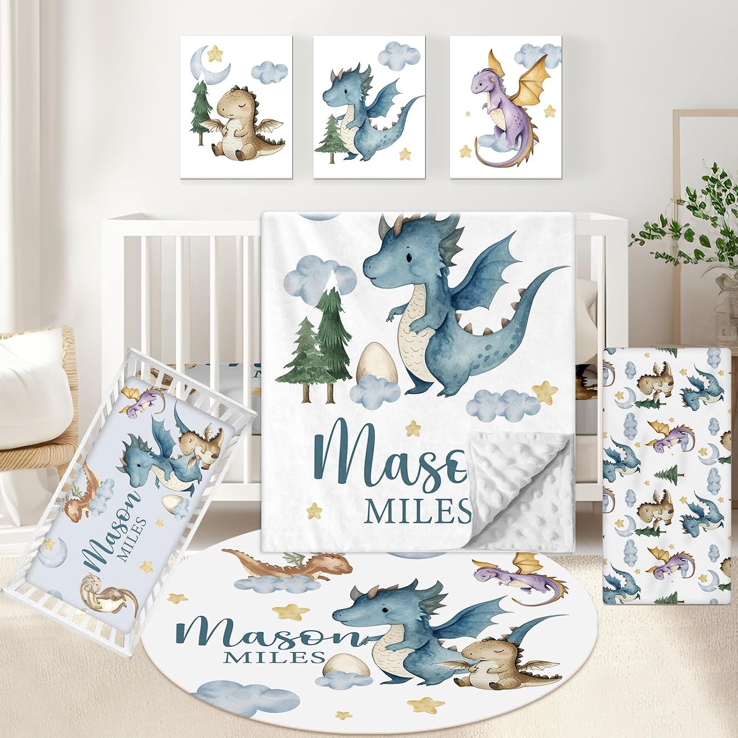 KAINSY Custom Crib Bedding Set 5 Piece for Baby Boys – Personalized Flying Dinosaur Theme, Newborn Sleep Set, Nursery Decor, Toddler Room Essentials, Infant Sleep, Baby Room Accessories, Baby Gift