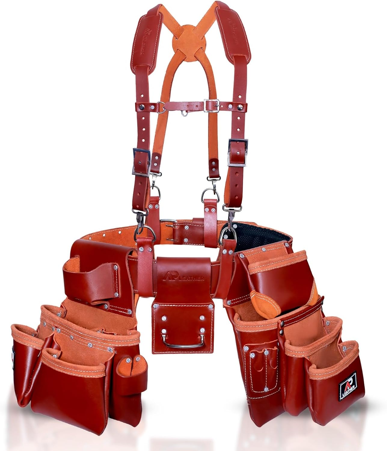 AP-LEATHER PRO-19 100% Genuine Full Grain Leather Tool Belt/Pouch/Bag, tool belt with suspenders, Comfort Back Support Tool Pouches With Suspenders (Maroon)