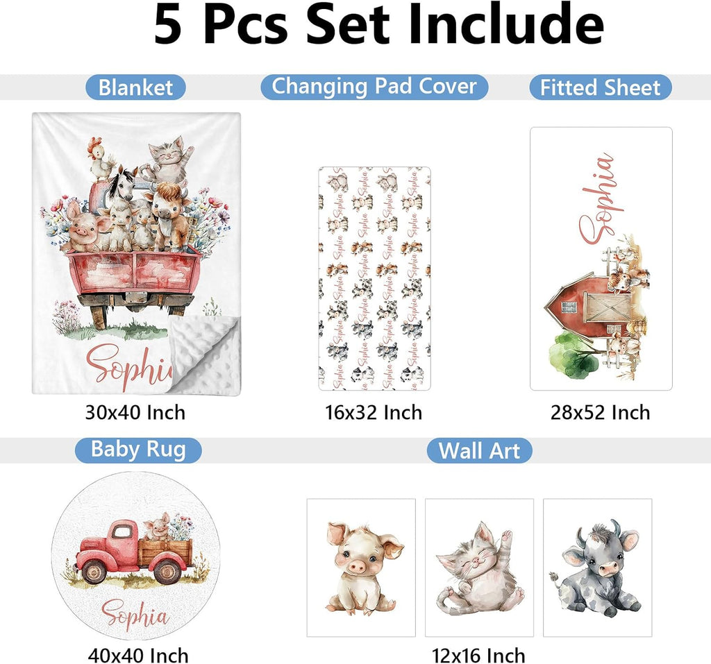 KAINSY Custom Crib Bedding Set 5 Piece for Girls Boys – Personalized Farm Animals Theme, Newborn Sleep Set, Nursery Decor, Toddler Room Essentials, Infant Sleep, Baby Room Accessories, Baby Gift
