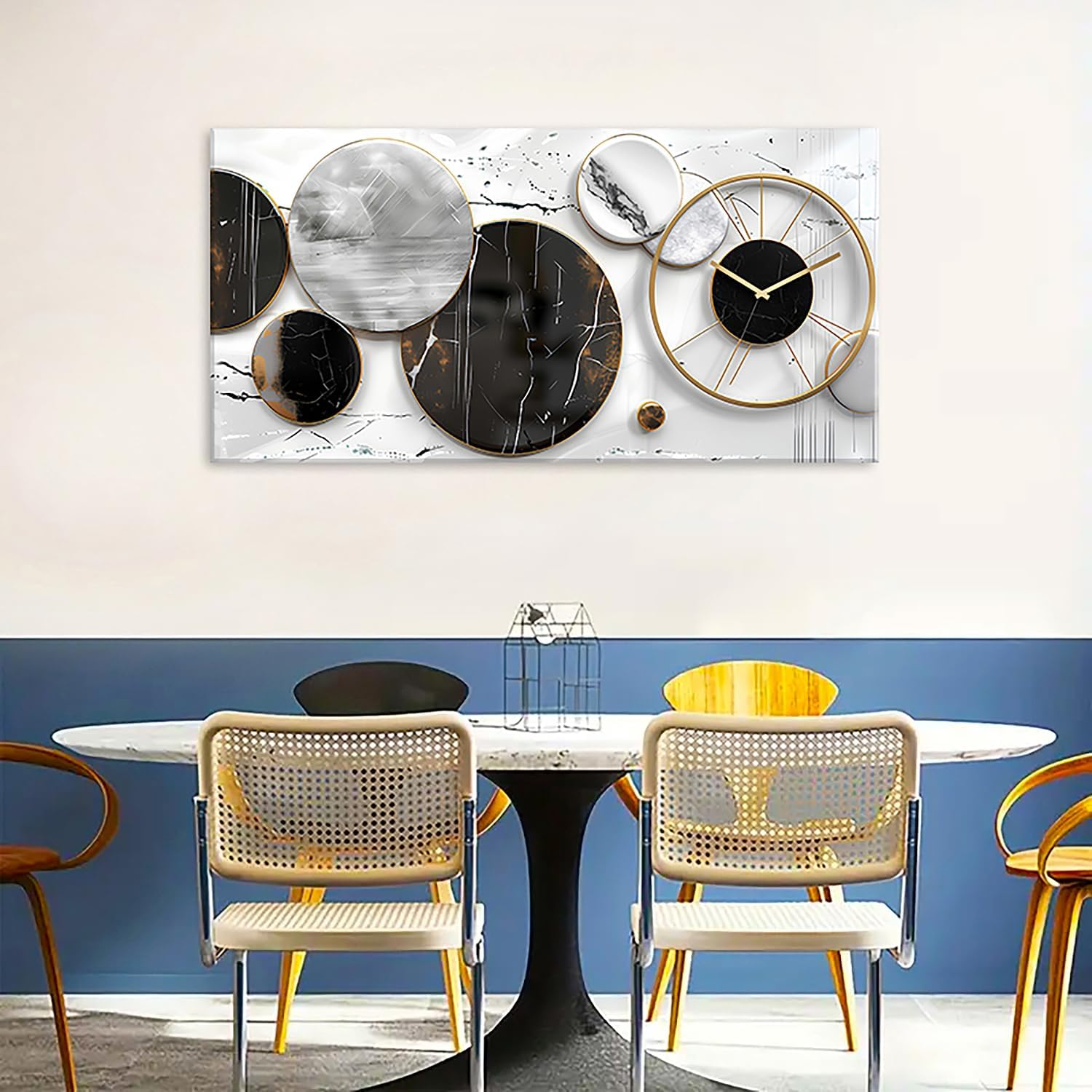 Modern Abstract Canvas Wall Art for Living Room Home Office Decor Black and White Gray Picture for Wall Decor Geometric Texture Marble Painting Clocks Prints Poster Artwork Decorations 24x48'