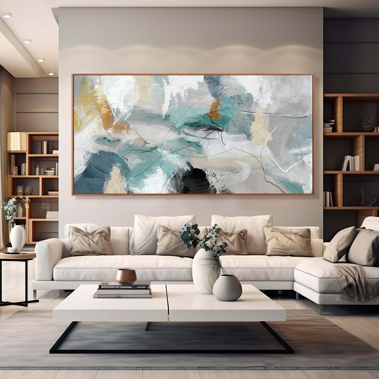 Kureful Green and White Canvas Wall Art Contemporary Wall Decor Abstract Poster Printing 36'x70' Office Art Pictures Bedroom Decorations