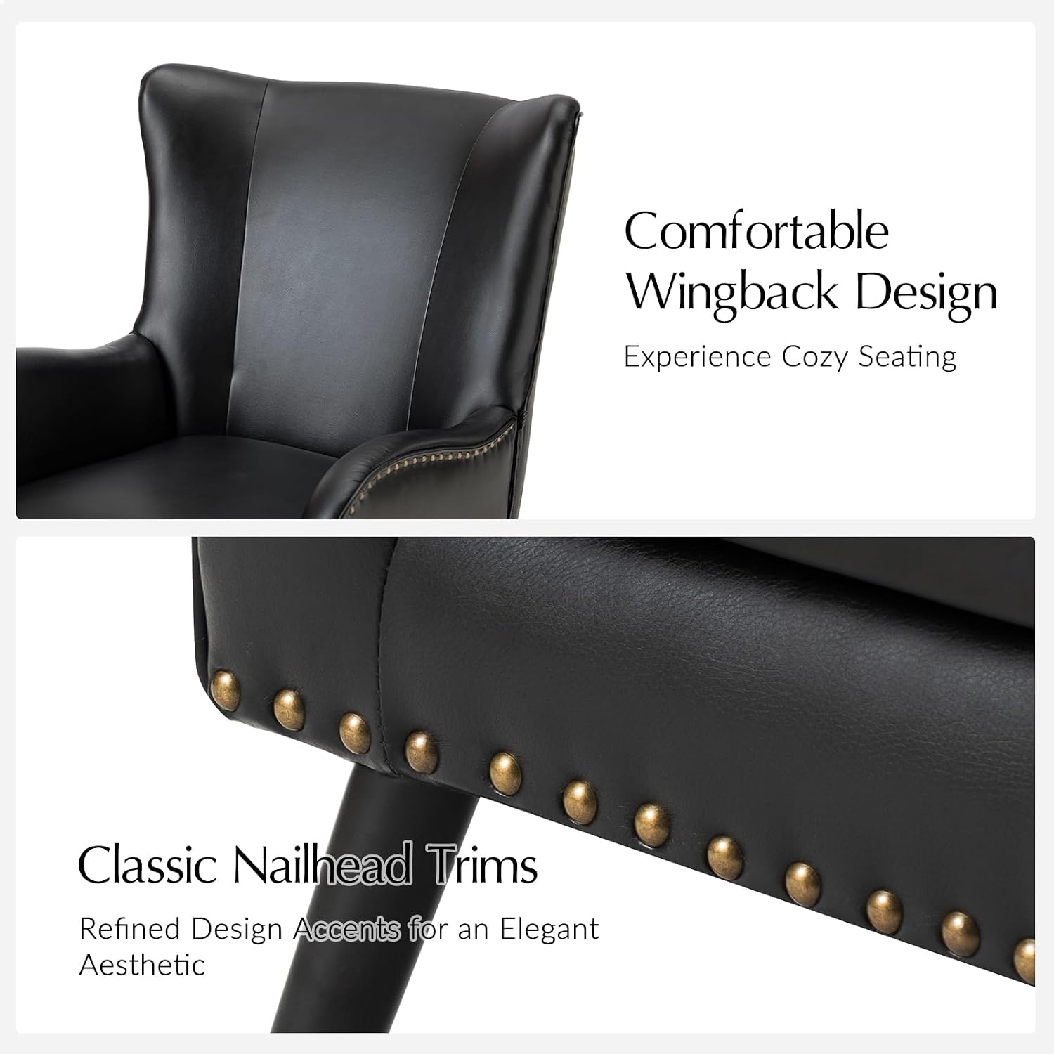 HULALA HOME Faux Leather Accent Chair Set of 2 with Removable Cushion, Comfy Upholstered Armchair with Metal Legs & Nailhead Trim Wingback Vanity Chair for Reading Living Room Bedroom, Black