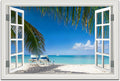 Ocean Wall Art Decor for Living Room Large Beach Canvas Picture for Wall Window Frame Style Palm Tree Artwork Coastal Art Print for Bedroom Blue Seascape Painting for Homen Office decoration, Ready to