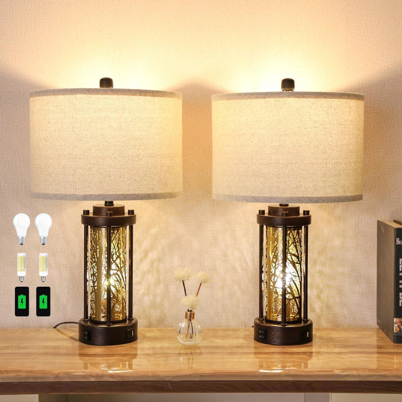 Set of 2 Gold and Bronze Farmhouse Table Lamp,Vintage Bedside Lamp,Rustic Desk Lamp for Bedroom/Living Room/Entryway/Patio/Dining Table,with 2 USB Charging Ports,Bulbs Included,UL Listed