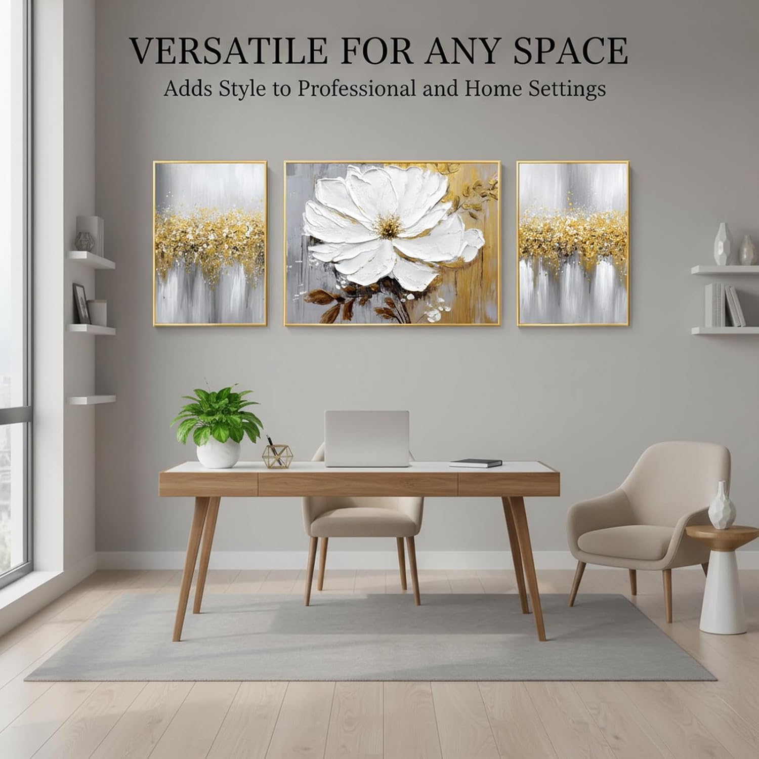 Hand-Painted Floral Canvas Oil Painting for Living Room,Framed 3D Gold and White Abstract Wall Art for Bedroom, Large 3 Pieces Flowerl Wall Painting for Office Kitchen Bathroom Home Decor 24x64 inches