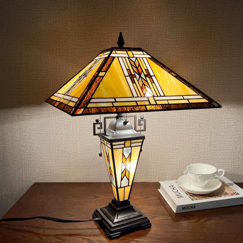 Tiffany Table Lamps with Nightlight,16' Wide Handmade Stained Glass Desk Lamp for Reading,3-Lights Mission Style Antique Nightstand Light for Living Room Bedroom Office