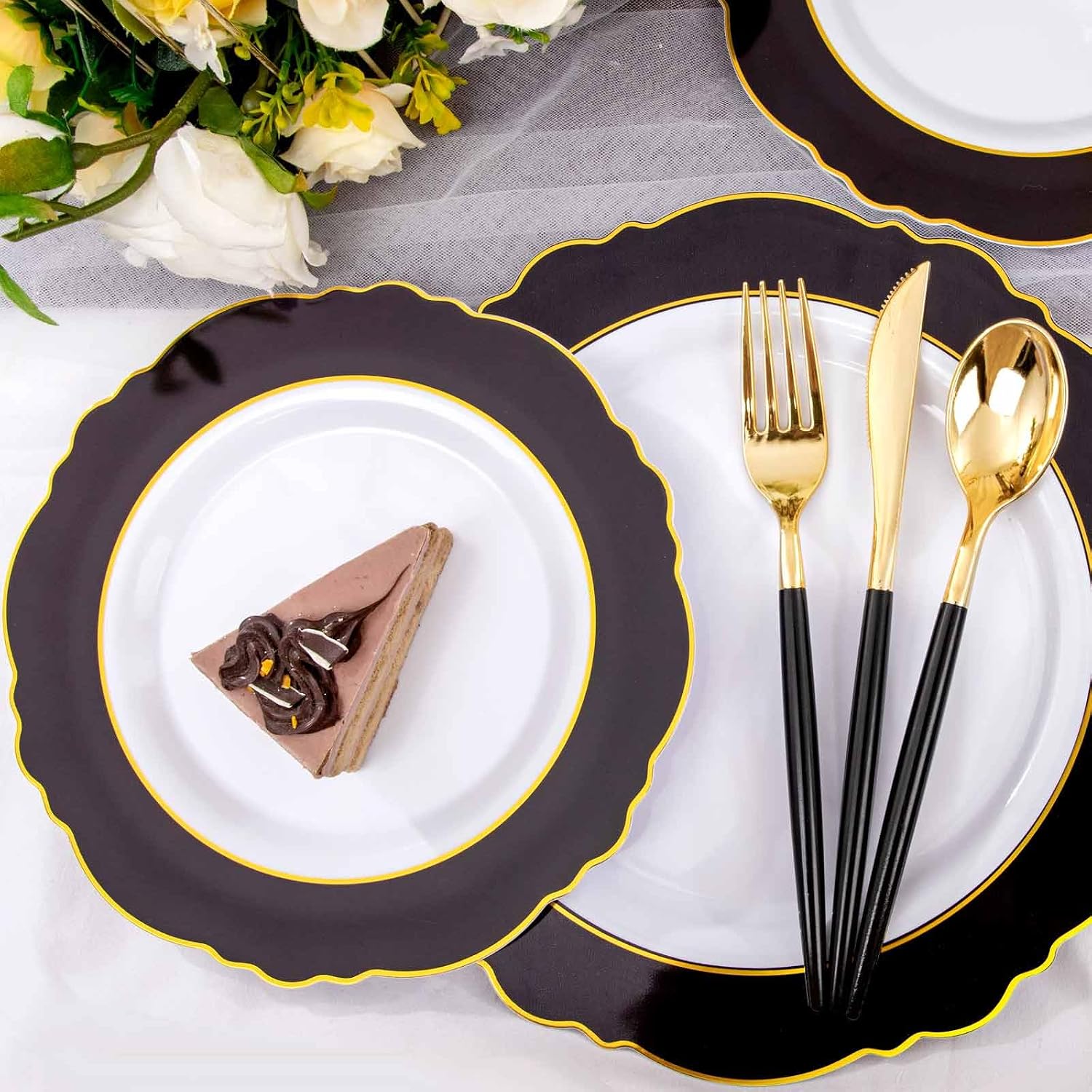 WDF 30Guest Black and Gold Plastic Plates - New Year Plates - Gold Plastic Silverware With Black Handle Baroque Black and Gold Disposable Dinnerware for New Year &Parties (Pack of 2)