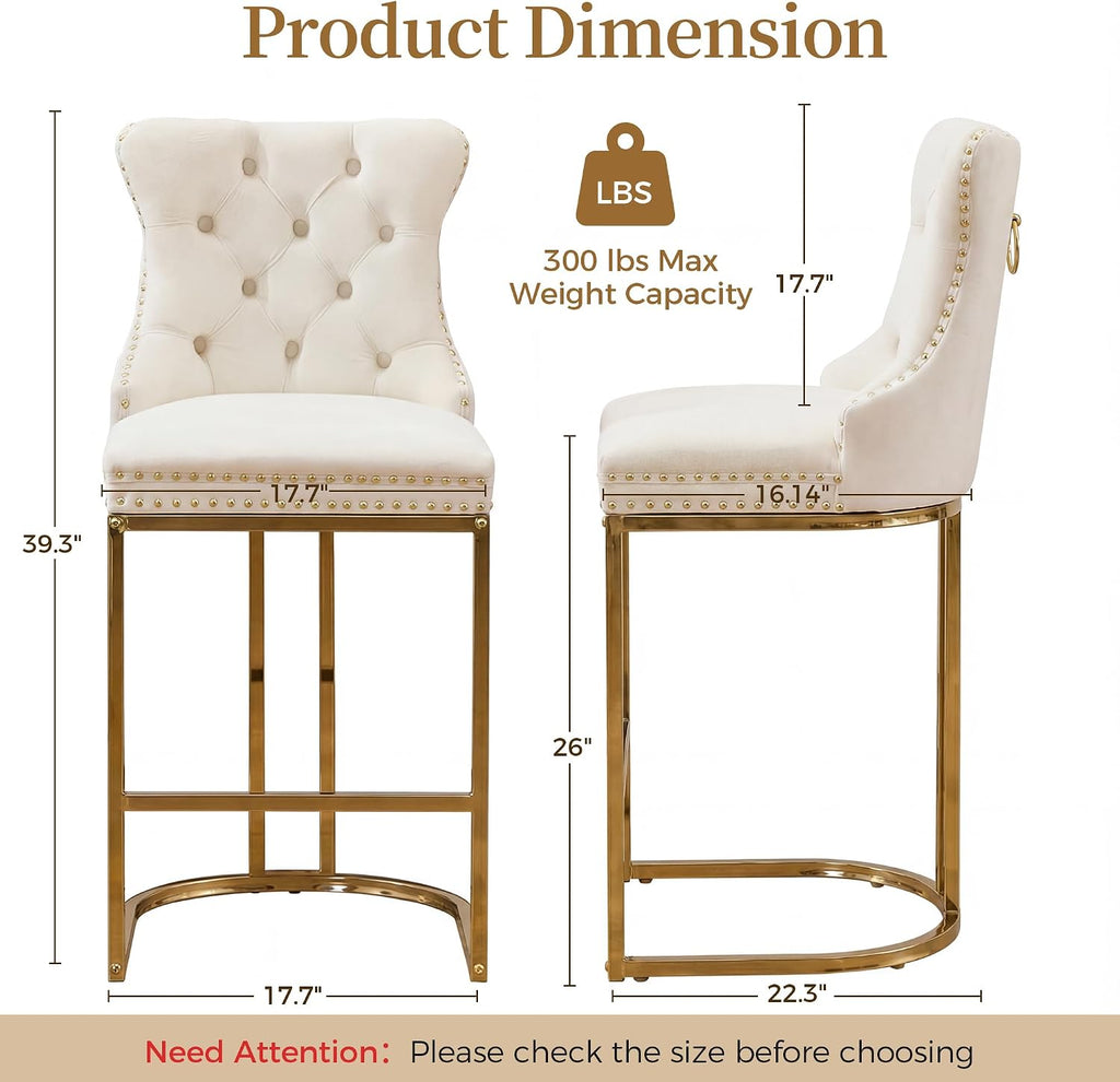 AQO Counter Height Bar Stools Set of 3 for Kitchen Island, Modern Bar Stools with Backs, 26 Inch Barstools with Upholstered Velvet Seat and Gold Legs, Beige
