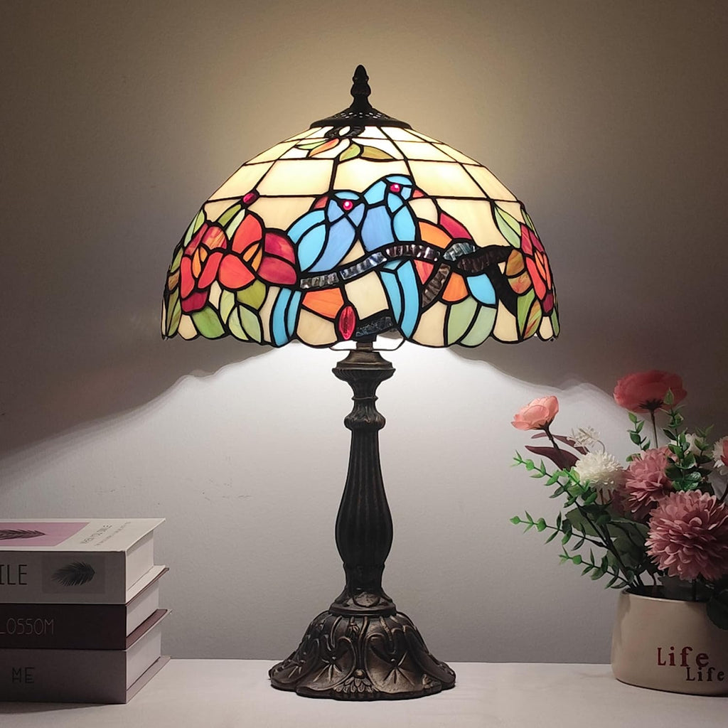 Tiffany 3-Color Stained Glass Lamp - Vintage Beside Reading Lamp, 12 inch Living Room Light, Flowers Style Antique Nightstand Light (Brids Flowers)